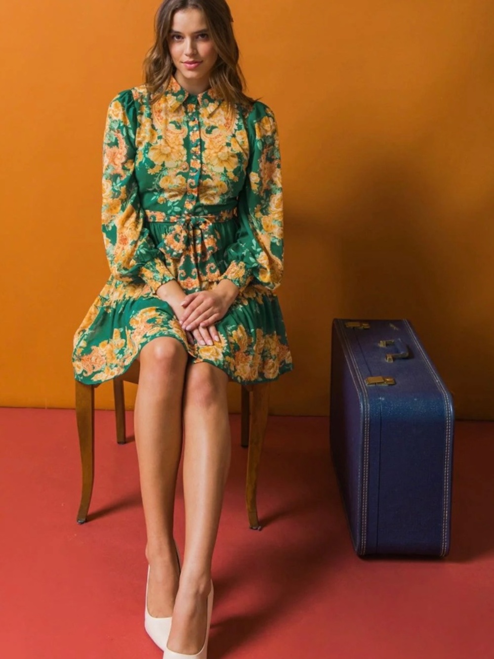 Flying Tomato Green Floral Tie-Waist Long Sleeve Mini Shirtdress Size M - Picture 15 of 16